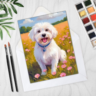 Maltese Dog Flower Field Painting Kaart