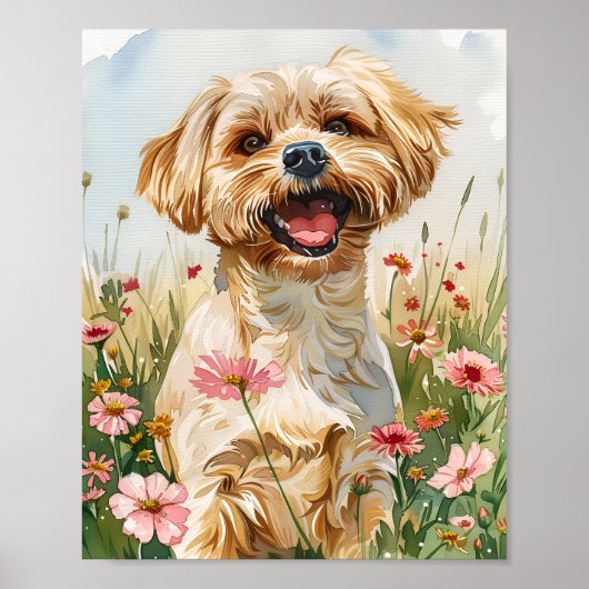 Maltese Dog Fluffy Waterverf Art Print Poster (Voorkant)