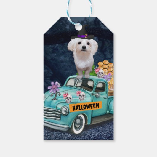 Maltese Dog Halloween Truck Scary Night Cadeaulabel (Voorkant)