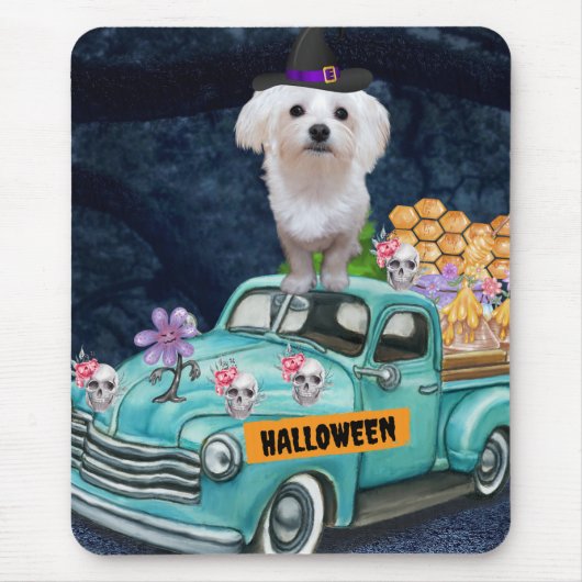 Maltese Dog Halloween Truck Scary Night Muismat (Voorkant)