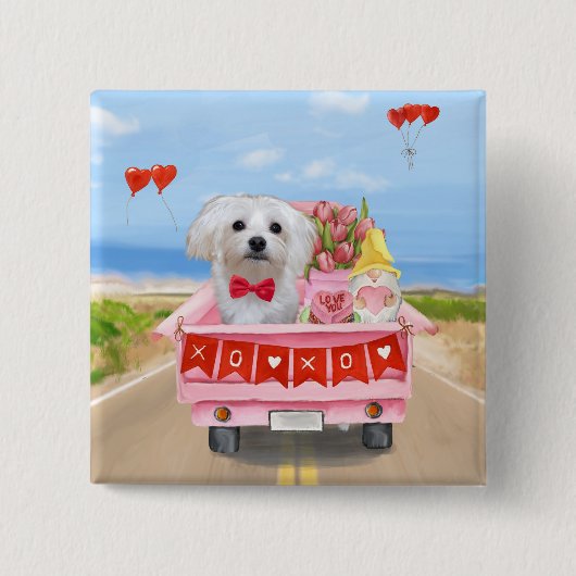 Maltese Dog Valentijnsdag Truck Vierkante Button 5,1 Cm (Voorkant)