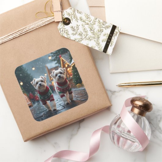 Maltese Dogs Christmas Snow Holiday Vierkante Sticker (Geschenken)