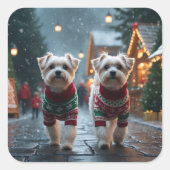 Maltese Dogs Christmas Snow Holiday Vierkante Sticker (Voorkant)