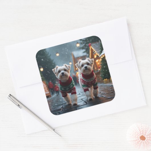 Maltese Dogs Christmas Snow Holiday Vierkante Sticker (Envelop)