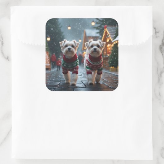 Maltese Dogs Christmas Snow Holiday Vierkante Sticker (Tas)