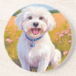 Maltese Hond Bloem Veld Schilderij Zandsteen Onderzetter