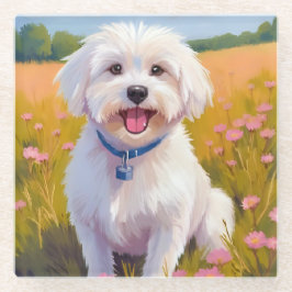 Maltese Hond Bloem Veld Schildering Glazen Onderzetter