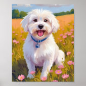 Maltese Hond Bloemenveld Schilderij Poster (Voorkant)