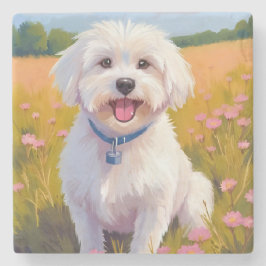 Maltese Hond Bloemenveld Schilderij Stenen Onderzetter