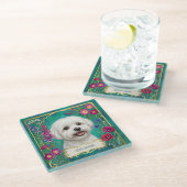 Maltese Hond Custom Glas Teal Onderzetter (Schuin)