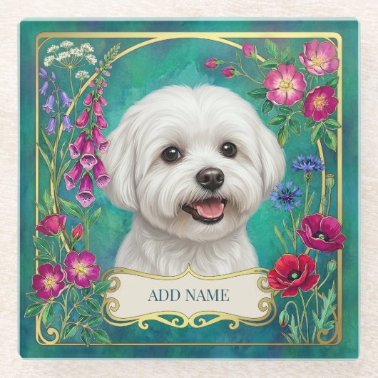 Maltese Hond Custom Glas Teal Onderzetter (Voorkant)
