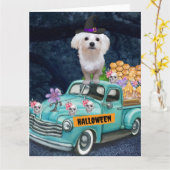 Maltese Hond Halloween Truck Griezelnacht Kaart (Gele Bloem)