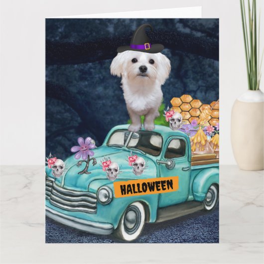 Maltese Hond Halloween Truck Griezelnacht Kaart (Voorkant)