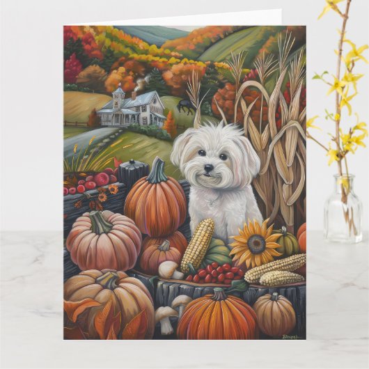 Maltese Hond Herfst Oogst Dankdag Kaart (Gele Bloem)