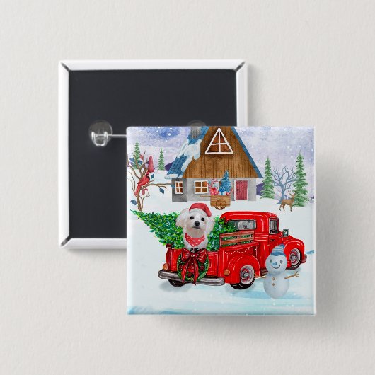 Maltese hond in kerstcadeauwagen vierkante button 5,1 cm (Voorkant /achterkant)