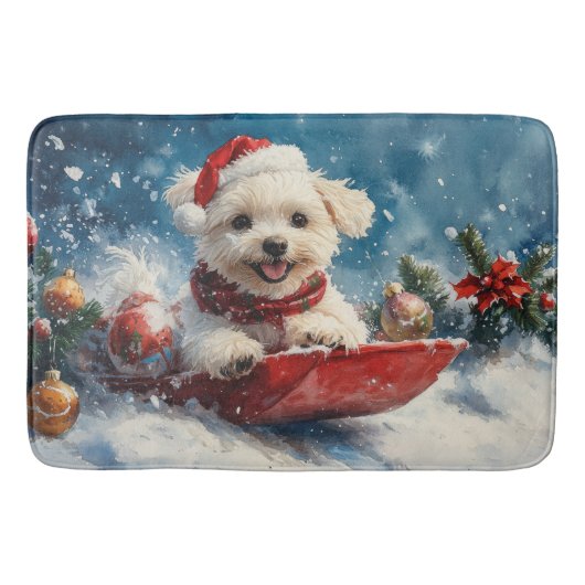 Maltese hond in slee laat het sneeuwen Kerstmis Badmat (Voorkant)