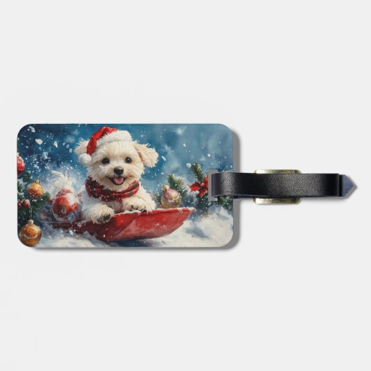 Maltese hond in slee laat het sneeuwen Kerstmis Bagagelabel (Achterkant horizontaal)