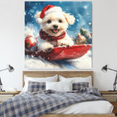 Maltese hond in slee laat het sneeuwen Kerstmis Canvas Afdruk (Insitu (Slaapkamer))