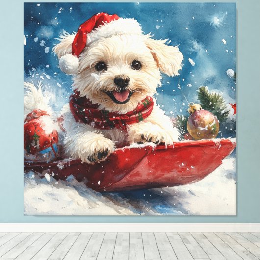 Maltese hond in slee laat het sneeuwen Kerstmis Canvas Afdruk (Insitu (Houten vloer))
