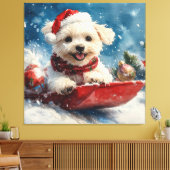 Maltese hond in slee laat het sneeuwen Kerstmis Canvas Afdruk (Insitu (Woonkamer))