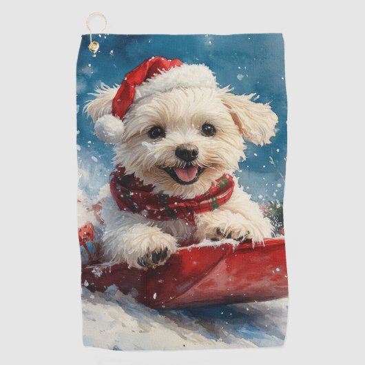 Maltese hond in slee laat het sneeuwen Kerstmis Golfhanddoek (Voorkant)