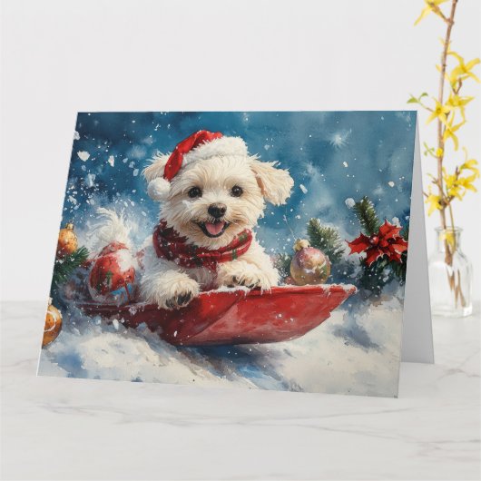 Maltese hond in slee laat het sneeuwen Kerstmis Kaart (Gele Bloem)