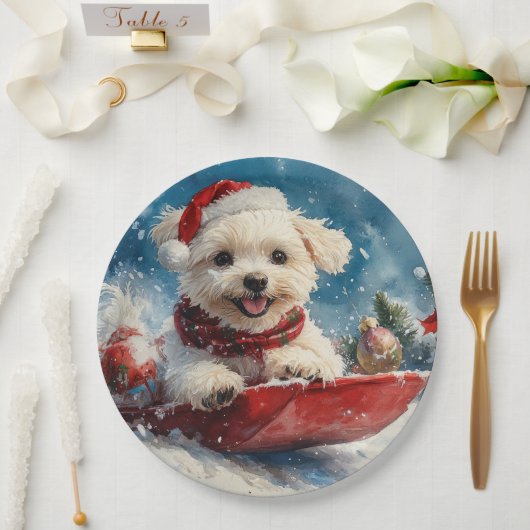 Maltese hond in slee laat het sneeuwen Kerstmis Papieren Bordje (Huwelijk)