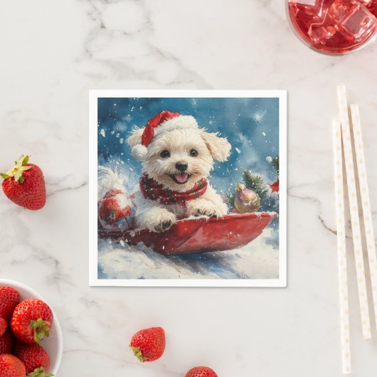 Maltese hond in slee laat het sneeuwen Kerstmis Servet (Insitu)