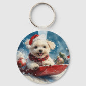 Maltese hond in slee laat het sneeuwen Kerstmis Sleutelhanger (Voorkant)