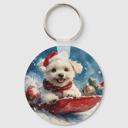 Maltese hond in slee laat het sneeuwen Kerstmis Sleutelhanger (Voorkant)