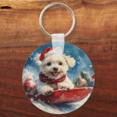 Maltese hond in slee laat het sneeuwen Kerstmis Sleutelhanger (Voorkant)