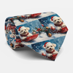 Maltese hond in slee laat het sneeuwen Kerstmis Stropdas
