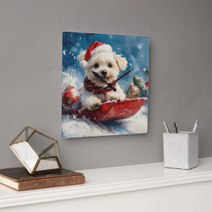 Maltese hond in slee laat het sneeuwen Kerstmis Vierkante Klok