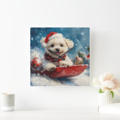 Maltese hond in slee laat het sneeuwen Kerstmis Vierkante Klok (Huis)