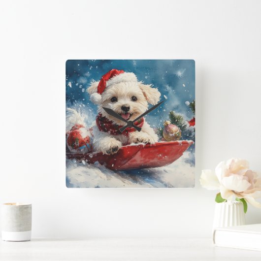 Maltese hond in slee laat het sneeuwen Kerstmis Vierkante Klok (Huis)