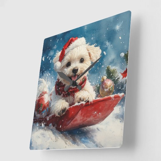 Maltese hond in slee laat het sneeuwen Kerstmis Vierkante Klok (Hoek)