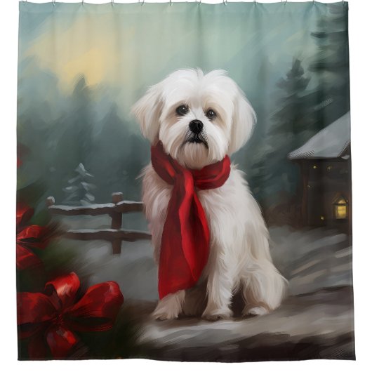Maltese Hond in Sneeuw Kerstmis Douchegordijn (Voorkant)