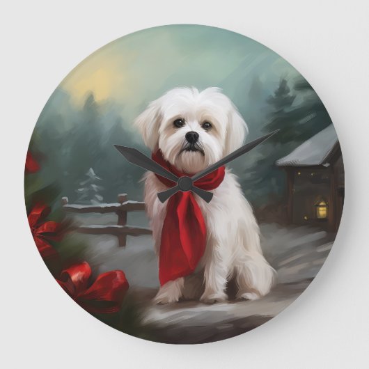Maltese Hond in Sneeuw Kerstmis Grote Klok (Voorkant)