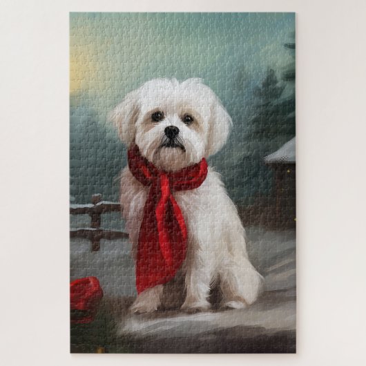 Maltese Hond in Sneeuw Kerstmis Legpuzzel (Verticaal)