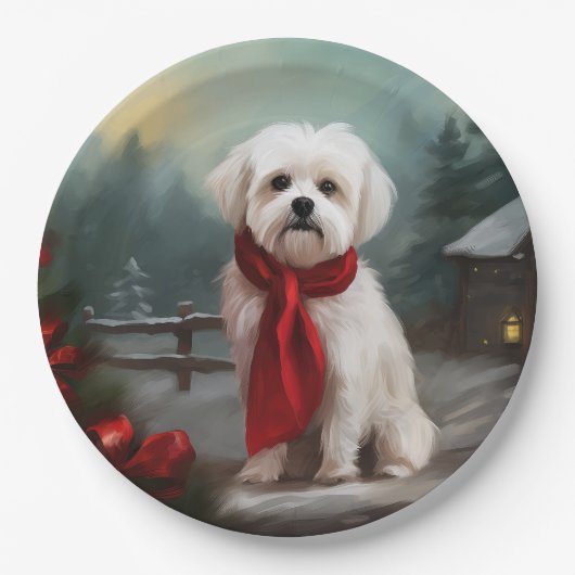 Maltese Hond in Sneeuw Kerstmis Papieren Bordje (Voorkant)