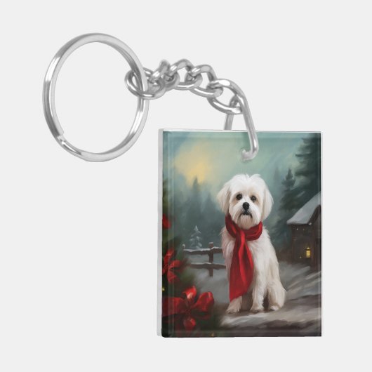 Maltese Hond in Sneeuw Kerstmis Sleutelhanger (Voorkant Links)