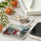 Maltese Hond in Sneeuw Kerstmis Sleutelhanger (Voorkant Rechts)