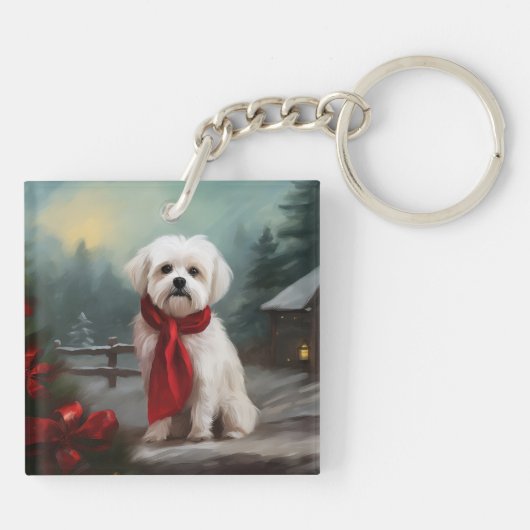 Maltese Hond in Sneeuw Kerstmis Sleutelhanger (Achterkant)
