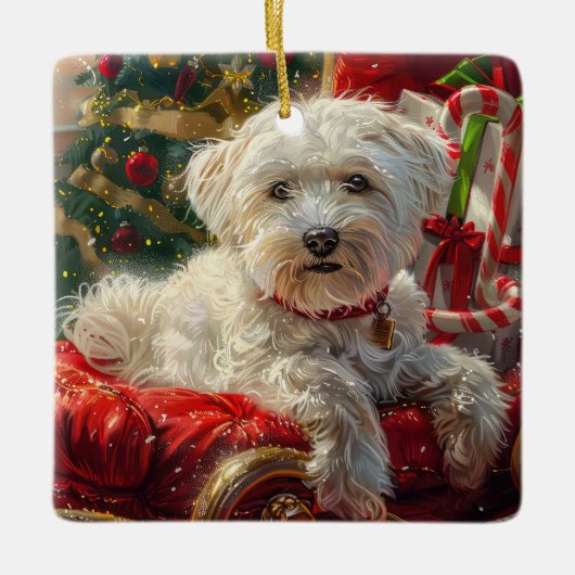 Maltese Hond Kerstfeest Keramisch Ornament (Voorkant)