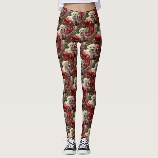 Maltese Hond Kerstfeest Leggings (Voorkant)