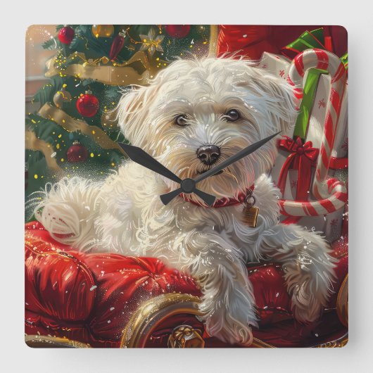 Maltese Hond Kerstfeest Vierkante Klok (Voorkant)