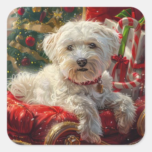 Maltese Hond Kerstfeest Vierkante Sticker (Voorkant)