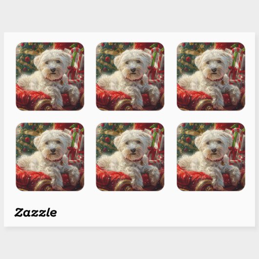 Maltese Hond Kerstfeest Vierkante Sticker (Vel)