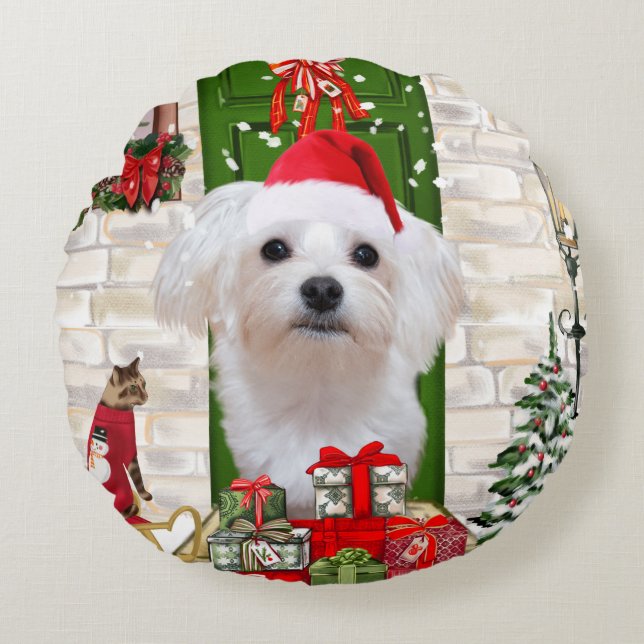 Maltese hond Kerstmis Rond Kussen (Voorkant)