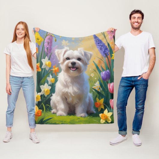 Maltese hond lente bloemen schilderen fleece deken (In situ)